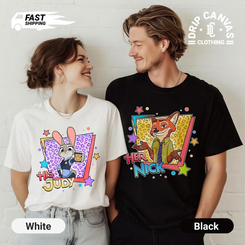 May include: White and black t-shirts with cartoon graphics. The white shirt features a bunny character with the text "His Judy". The black shirt has a fox character with the text "Her Nick". Both shirts have colorful star and geometric designs.