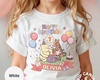 Retro Cartoon Custom Birthday Princess Youth Tshirt, Personalized Pooh Birthday Shirt, Kids Gift Idea, Winnie Pooh Bear Customize Girl Tee