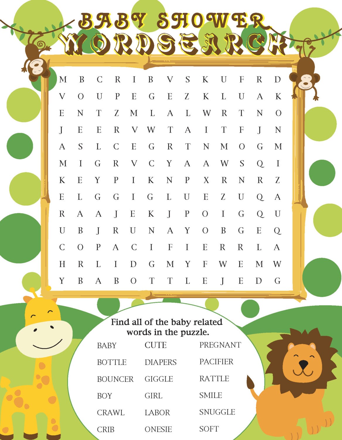 printable jungle themed baby shower word search etsy