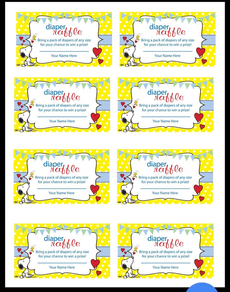 Snoopy Printable diaper raffle ticket image regarding Printable Diaper Raffle Tickets known as Snoopy Printable diaper raffle ticket