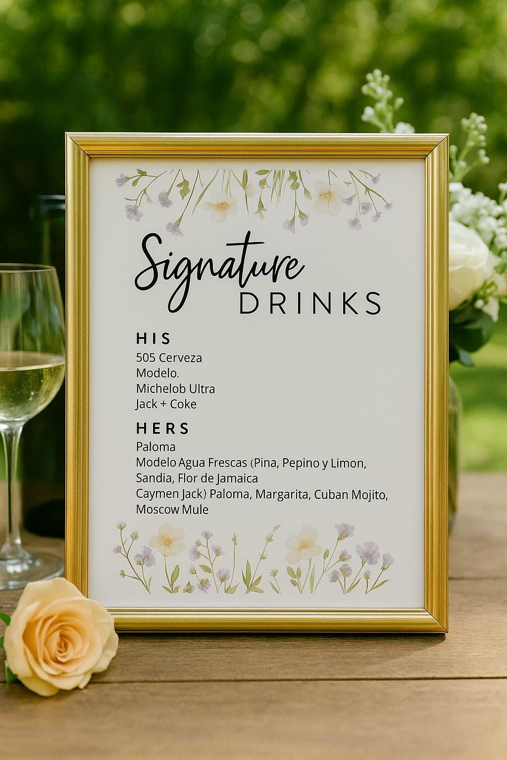 Backyard Garden Wedding Drinks Menu Mockup With Gold Frame | 8x11.5 ...