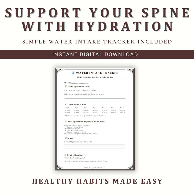 May include: A digital download featuring a water intake tracker for back pain relief. The tracker includes sections for daily hydration goals, tracking water intake, and notes. The text reads "Support Your Spine With Hydration."