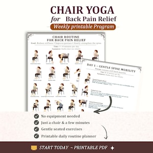 May include: A printable PDF guide for chair yoga, designed for back pain relief. The guide includes a chair routine with illustrations of exercises, and text that reads "Chair Yoga for Back Pain Relief". The guide promises gentle seated exercises.