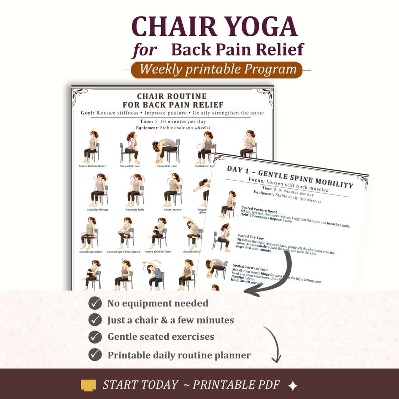 May include: A printable PDF guide for chair yoga, designed for back pain relief. The guide includes a chair routine with illustrations of exercises, and text that reads "Chair Yoga for Back Pain Relief". The guide promises gentle seated exercises.