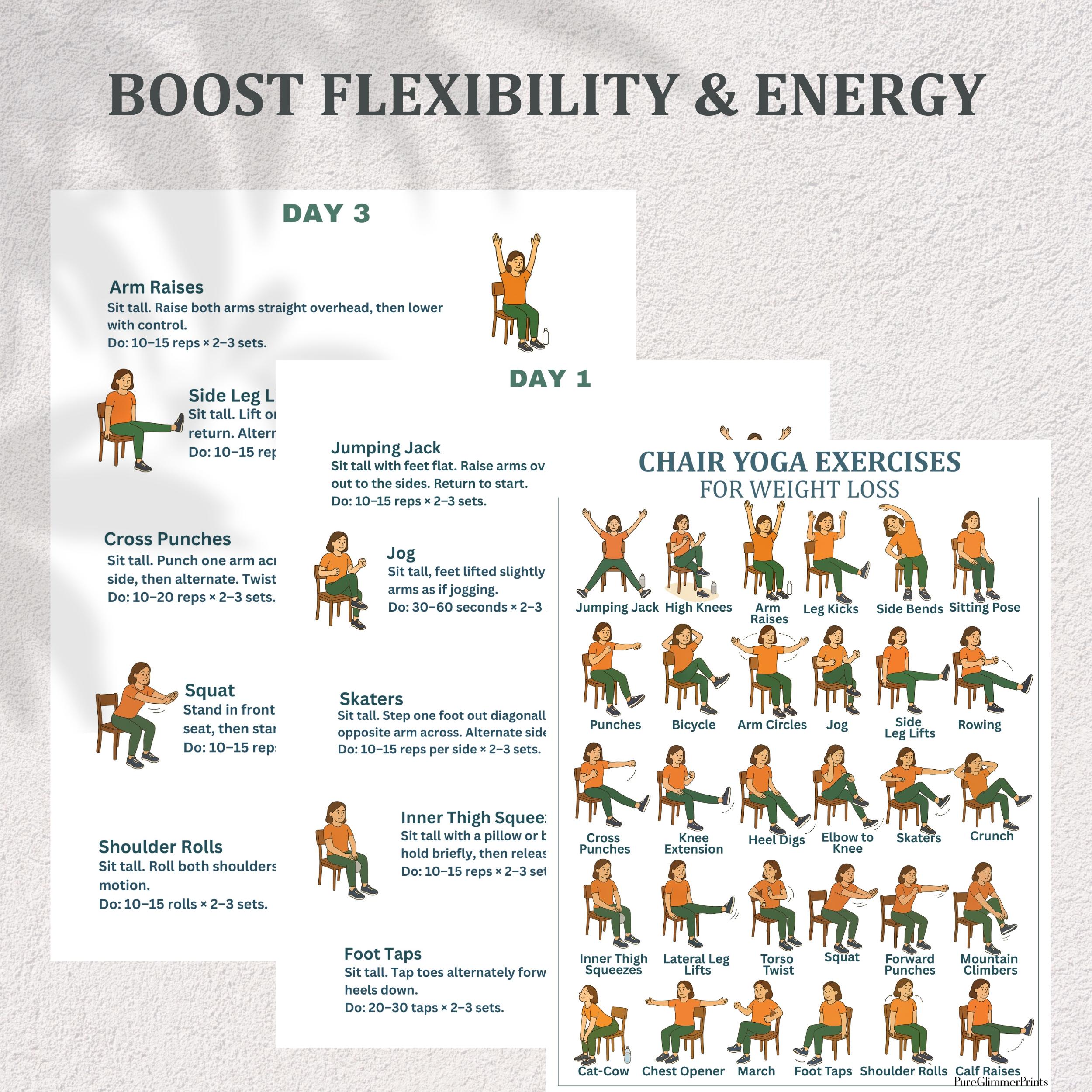 Pilates For Beginners Chair Yoga Chart, Seated Exercise Poster For Gym ...