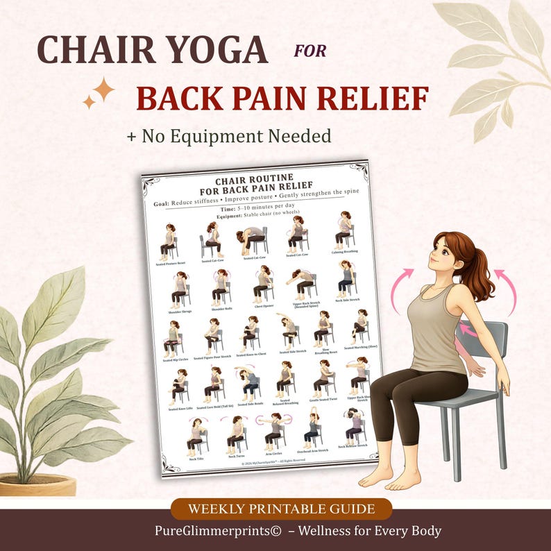 May include: A printable guide for chair yoga for back pain relief. The guide includes illustrations of various chair yoga poses. The text reads "Chair Yoga for Back Pain Relief + No Equipment Needed". A woman is demonstrating a pose on a gray chair.