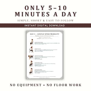 May include: A digital download with instructions for gentle spine mobility exercises. The text reads "ONLY 5-10 MINUTES A DAY" and "NO EQUIPMENT &bull; NO FLOOR WORK". The exercises include seated posture reset, cat-cow, forward fold, spinal twist, and calming breathing.