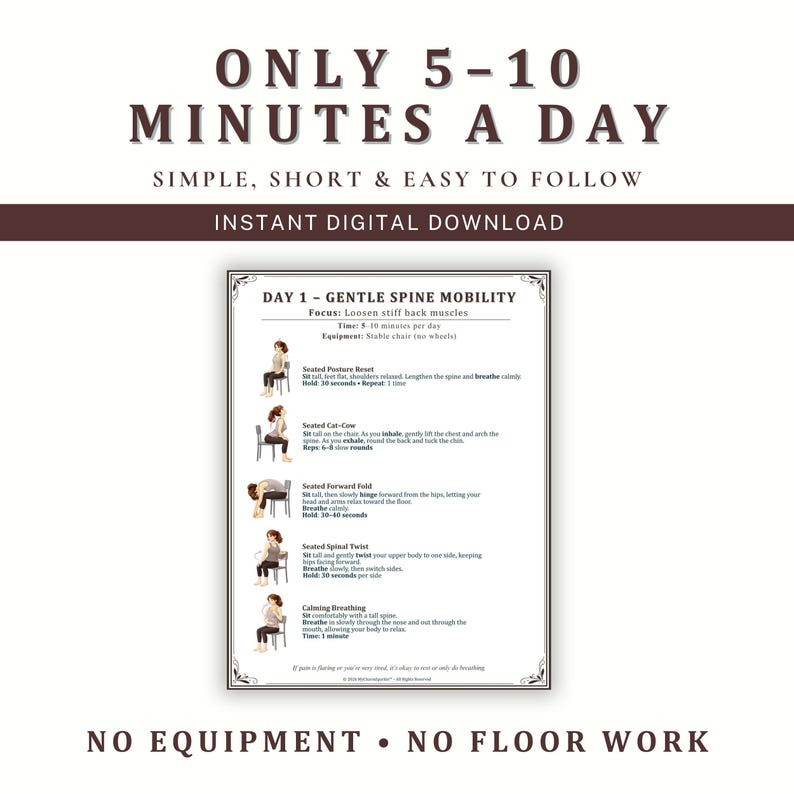 May include: A digital download with instructions for gentle spine mobility exercises. The text reads "ONLY 5-10 MINUTES A DAY" and "NO EQUIPMENT &bull; NO FLOOR WORK". The exercises include seated posture reset, cat-cow, forward fold, spinal twist, and calming breathing.