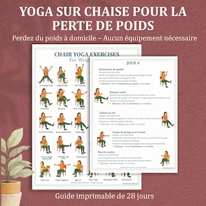 May include: A printable guide for chair yoga exercises for weight loss. The guide features illustrations of various exercises, including jumping jacks, arm raises, and knee extensions. The text includes instructions in French.