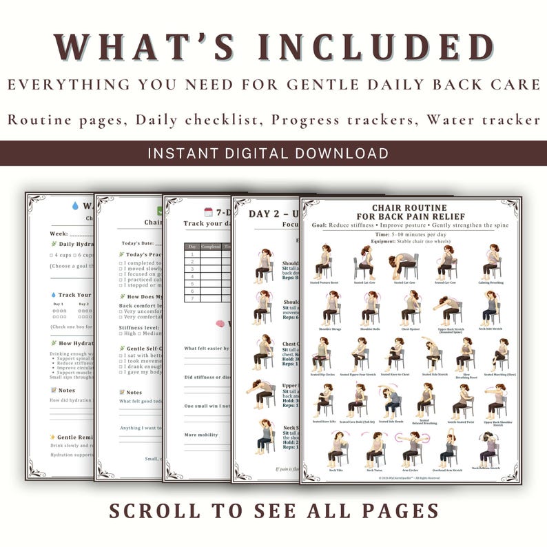 May include: Digital download of a back care routine guide. The guide includes routine pages, a daily checklist, progress trackers, and a water tracker. The text on the image says "What's Included" and "Instant Digital Download".