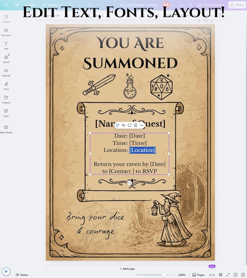 Editable Dnd Invitation Template Fantasy Game Night Party Invite (5x7