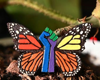 Hand-Painted Leather Rainbow Butterfly Pin – LGBTQ Pride Ally Support