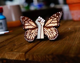 Personalized Social Justice butterfly Pin, Solidarity, Fist Pin, Leather brooch (unisex, hand painted)