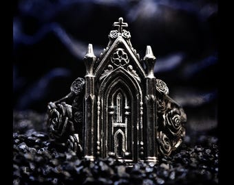 Anello gotico in argento sterling fatto a mano con rosa: Santuario delle spine, design a rilievo profondo