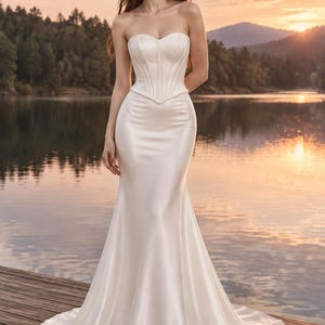 Puede incluir: Un vestido de novia largo de sat&eacute;n color marfil con escote palabra de honor en forma de coraz&oacute;n, un corpi&ntilde;o estructurado estilo cors&eacute; con costuras verticales y una silueta ajustada que se ensancha en una falda completa con cola.