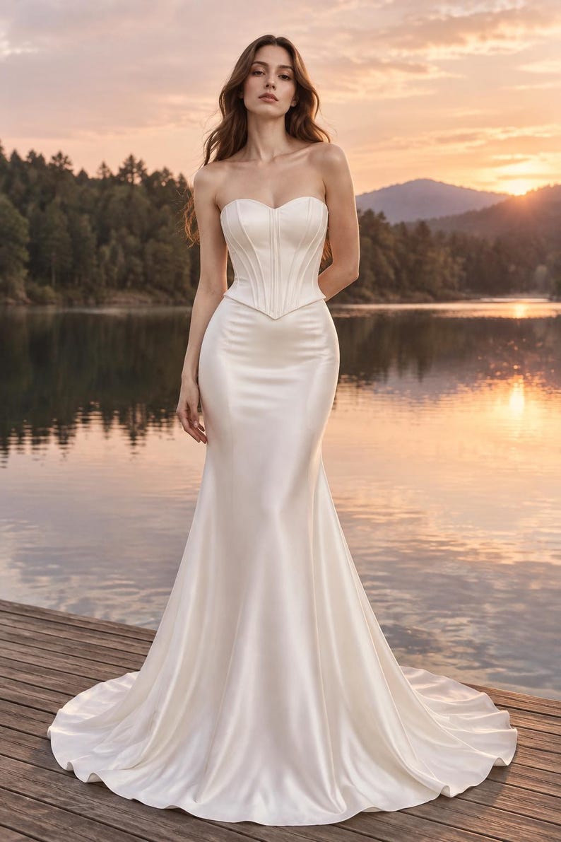 Puede incluir: Un vestido de novia largo de sat&eacute;n color marfil con escote palabra de honor en forma de coraz&oacute;n, un corpi&ntilde;o estructurado estilo cors&eacute; con costuras verticales y una silueta ajustada que se ensancha en una falda completa con cola.