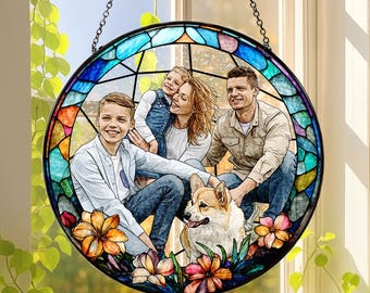 Custom Stained Glass Photo Suncatcher, Personalized Family Portrait Window Hanging, Unique Picture Gift