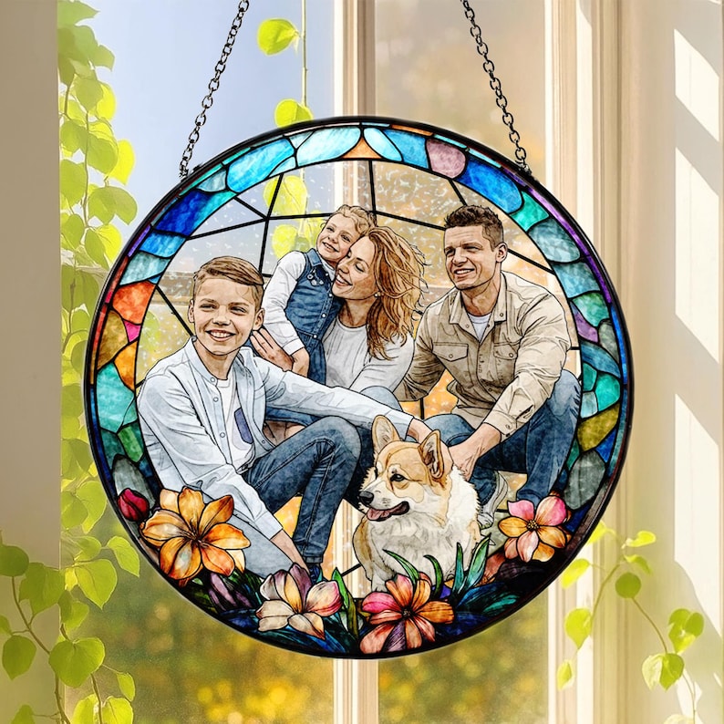 Custom Stained Glass Photo Suncatcher, Personalized Family Portrait Window Hanging, Unique Picture Gift image 1