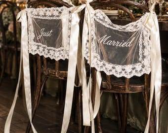 Letreros para sillas de recién casados, decoración de encaje para bodas de novios, letrero de encaje transparente, pancartas personalizadas para sillas de boda.