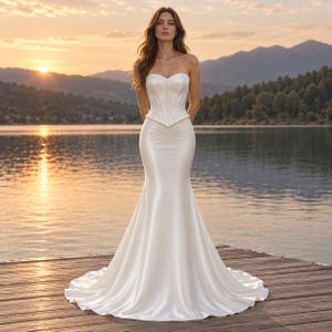 Puede incluir: Un vestido blanco largo hasta el suelo con un corpi&ntilde;o tipo cors&eacute; estructurado y sin tirantes con costuras verticales y una falda lisa y ajustada que se ensancha ligeramente en el dobladillo, creando una silueta estilizada en tela blanca mate.