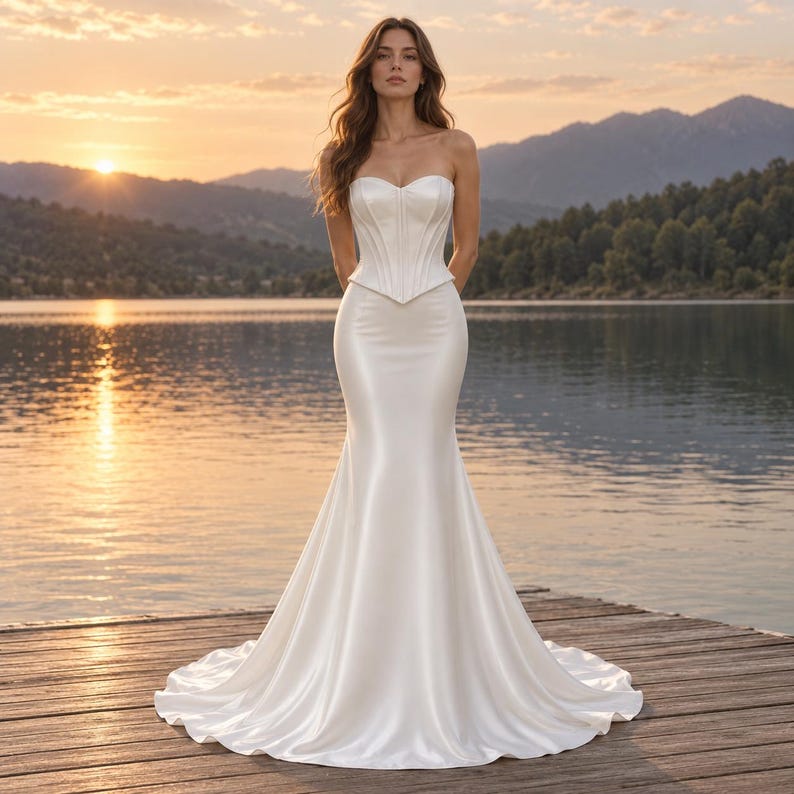 Puede incluir: Un vestido blanco largo hasta el suelo con un corpi&ntilde;o tipo cors&eacute; estructurado y sin tirantes con costuras verticales y una falda lisa y ajustada que se ensancha ligeramente en el dobladillo, creando una silueta estilizada en tela blanca mate.