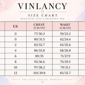 Puede incluir: Una tabla de tallas de Vinlancy con un fondo de acuarela rosa y morado claro. La tabla enumera tallas desde XXXS hasta XXL, incluyendo tallas estadounidenses de 0 a 12, y medidas de pecho, cintura y caderas en cent&iacute;metros y pulgadas.