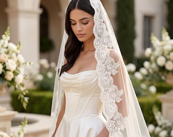 Chantilly Lace Mantilla Veil, Cathedral Length Eyelash Edge, Spanish Style Wedding Veil, Bridal Chapel Head Covering Gift for Bride