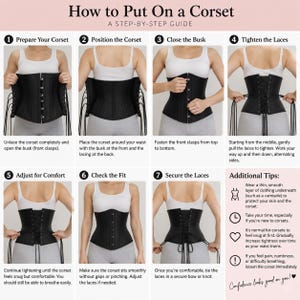 Puede incluir: Una infograf&iacute;a instructiva titulada How to Put On a Corset, A Step-by-Step Guide. Contiene siete paneles numerados que muestran un cors&eacute; negro sobre una camiseta sin mangas blanca, ilustrando los pasos desde desatar hasta ajustar los cordones.