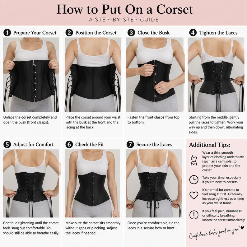 Puede incluir: Una infograf&iacute;a instructiva titulada How to Put On a Corset, A Step-by-Step Guide. Contiene siete paneles numerados que muestran un cors&eacute; negro sobre una camiseta sin mangas blanca, ilustrando los pasos desde desatar hasta ajustar los cordones.