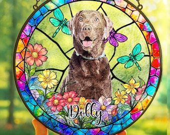 Dog Memorial Window Suncatcher – Custom Pet Portrait with Name – Personalized Glass Hanging Gift for Pet Loss, Rainbow Bridge Tribute