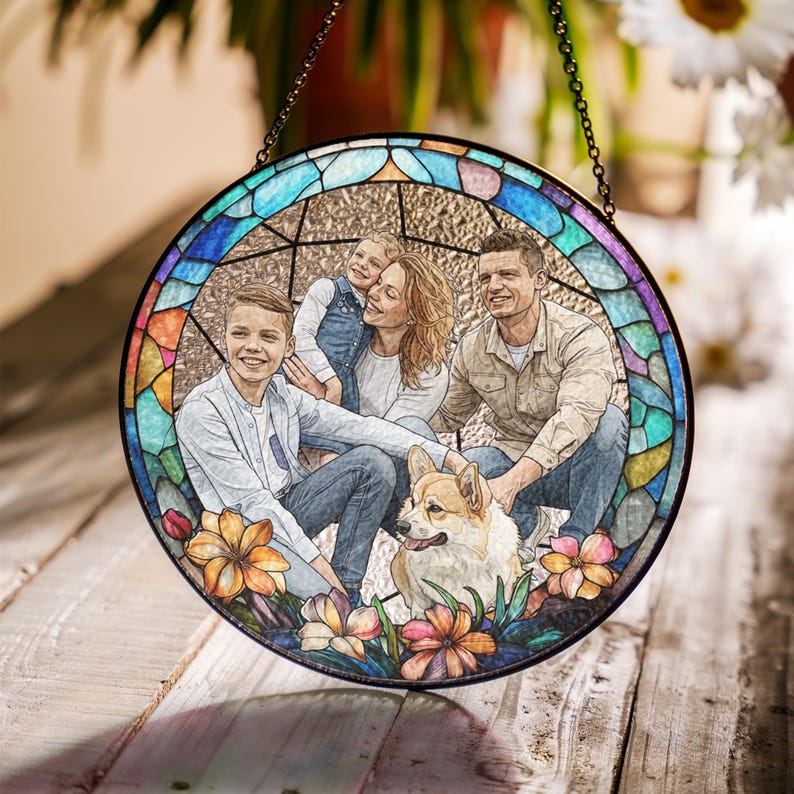 Custom Stained Glass Photo Suncatcher, Personalized Family Portrait Window Hanging, Unique Picture Gift image 8