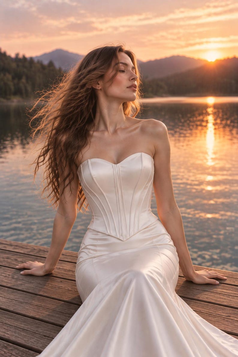 Puede incluir: Un vestido largo de sat&eacute;n color blanco roto que presenta un corpi&ntilde;o tipo cors&eacute; estructurado y sin tirantes con detalles de costuras verticales y escote coraz&oacute;n, que se transforma en una falda fluida y lisa que se extiende en la base.