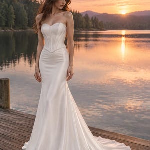 Puede incluir: Un vestido de novia de sat&eacute;n blanco hasta el suelo con un corpi&ntilde;o estilo cors&eacute; sin tirantes con detalles de costuras verticales y una cintura ajustada que se transforma en una falda de sirena acampanada con una cola.