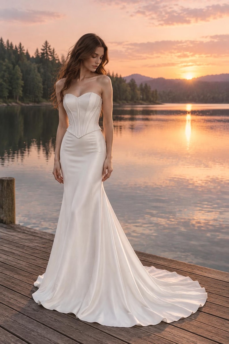 Puede incluir: Un vestido de novia de sat&eacute;n blanco hasta el suelo con un corpi&ntilde;o estilo cors&eacute; sin tirantes con detalles de costuras verticales y una cintura ajustada que se transforma en una falda de sirena acampanada con una cola.