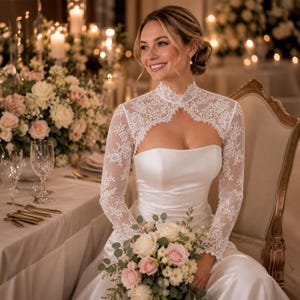 High Neck Chantilly Lace Bridal Bolero, Long Sleeve Wedding Dress Topper, Sheer Lace Bridal Cover Up, Romantic Wedding Jacket