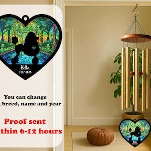 Pet Memorial Wind Chime with Dog Silhouette – Personalized Rainbow Bridge Gift, Custom Name & Year, Remembrance Stained Glass Ornament
