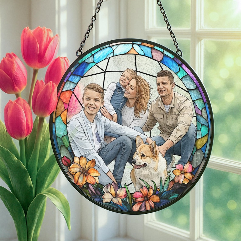 May include: A round, stained-glass window hanging with a family portrait. The window has a black metal frame and a chain for hanging. The family includes two parents, two children, and a dog. The window is surrounded by colorful flowers.