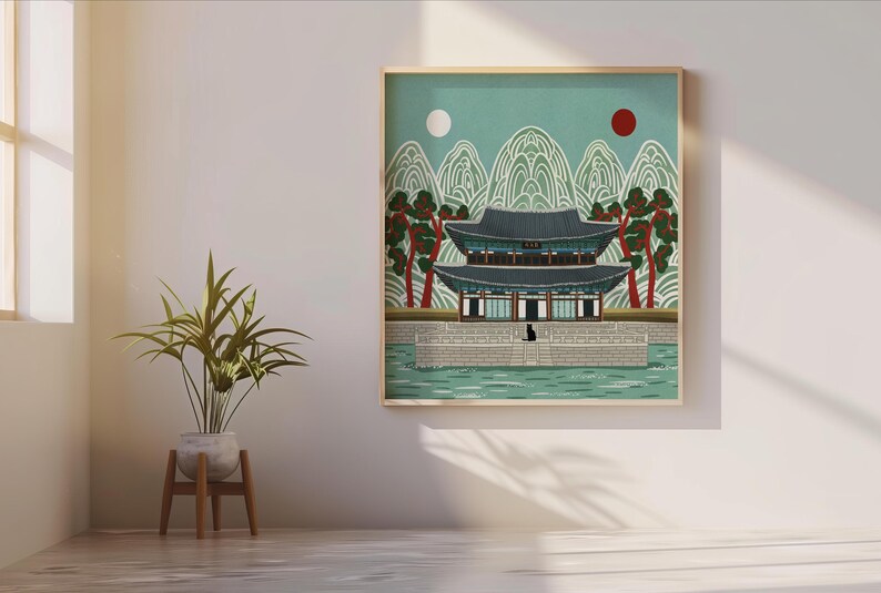 Korean Palace Art Print, Traditional Irworobongdo Style Illustration, Gyeongbokgung Poster, Modern Folk Art, Hand Drawn Wall Decor, Unframed, Free Shipping