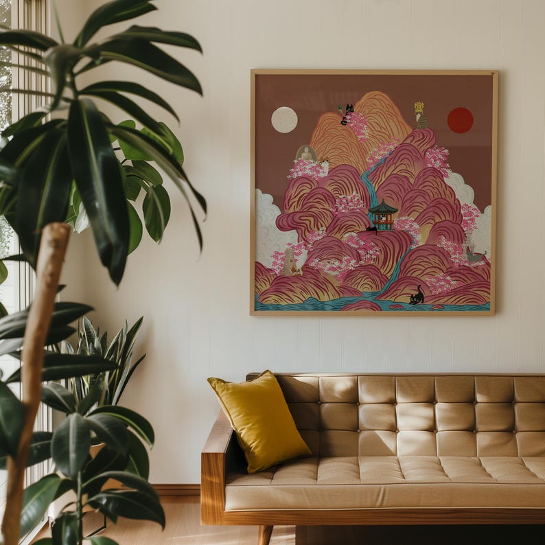 Irworobongdo Cat Art Print, Korean Traditional Sun and Moon Wall Art, Hand-drawn Heritage Landscape, Pink Mountain Poster, Free Shipping