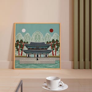 Korean Palace Art Print, Traditional Irworobongdo Style Illustration, Gyeongbokgung Poster, Modern Folk Art, Hand Drawn Wall Decor, Unframed, Free Shipping