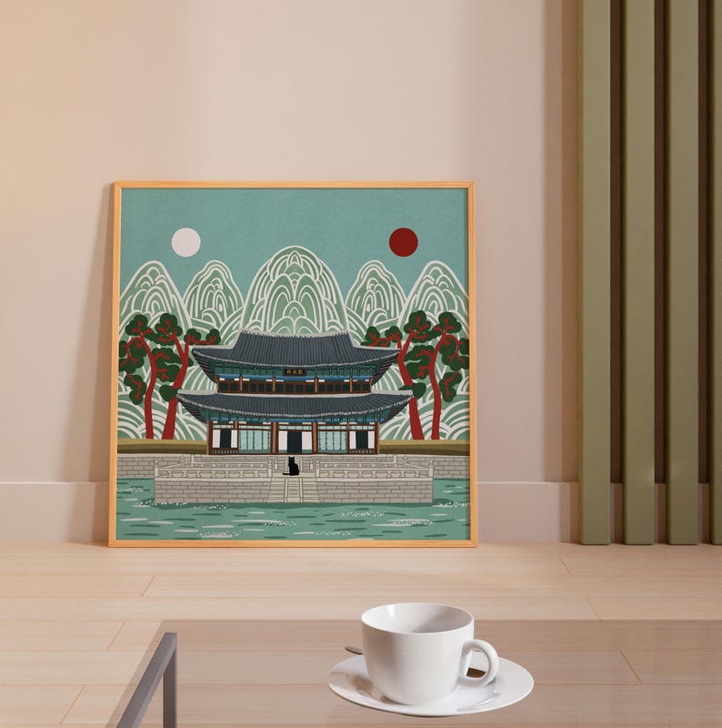 Korean Palace Art Print, Traditional Irworobongdo Style Illustration, Gyeongbokgung Poster, Modern Folk Art, Hand Drawn Wall Decor, Unframed, Free Shipping