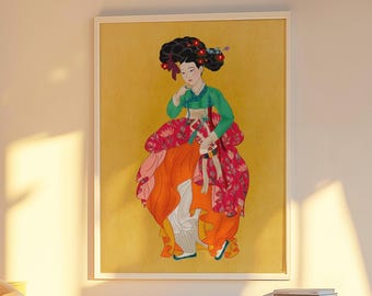 Arte murale raffigurante una donna in stile hanbok coreano - Poster con illustrazione tradizionale disegnata a mano, arredamento orientale moderno per la casa, regalo culturale per lei, senza cornice.