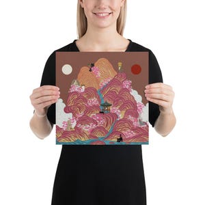 Irworobongdo Cat Art Print, Korean Traditional Sun and Moon Wall Art, Hand-drawn Heritage Landscape, Pink Mountain Poster, Free Shipping