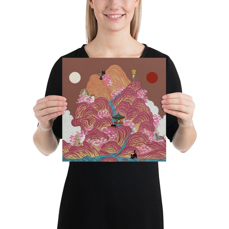 Irworobongdo Cat Art Print, Korean Traditional Sun and Moon Wall Art, Hand-drawn Heritage Landscape, Pink Mountain Poster, Free Shipping