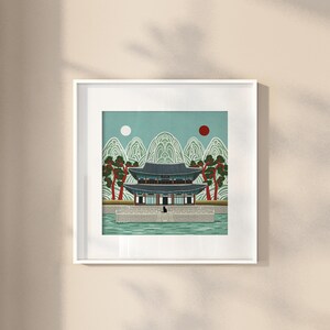 Korean Palace Art Print, Traditional Irworobongdo Style Illustration, Gyeongbokgung Poster, Modern Folk Art, Hand Drawn Wall Decor, Unframed, Free Shipping