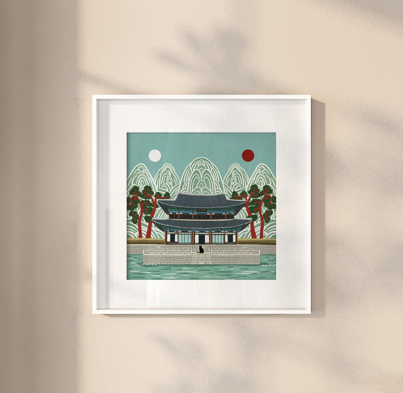 Korean Palace Art Print, Traditional Irworobongdo Style Illustration, Gyeongbokgung Poster, Modern Folk Art, Hand Drawn Wall Decor, Unframed, Free Shipping