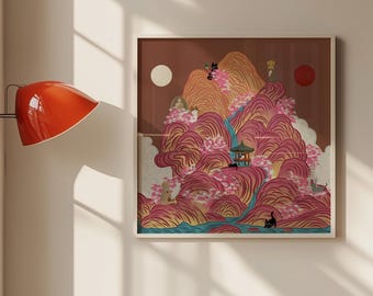 Irworobongdo Cat Art Print, Korean Traditional Sun and Moon Wall Art, Hand-drawn Heritage Landscape, Pink Mountain Poster, Free Shipping