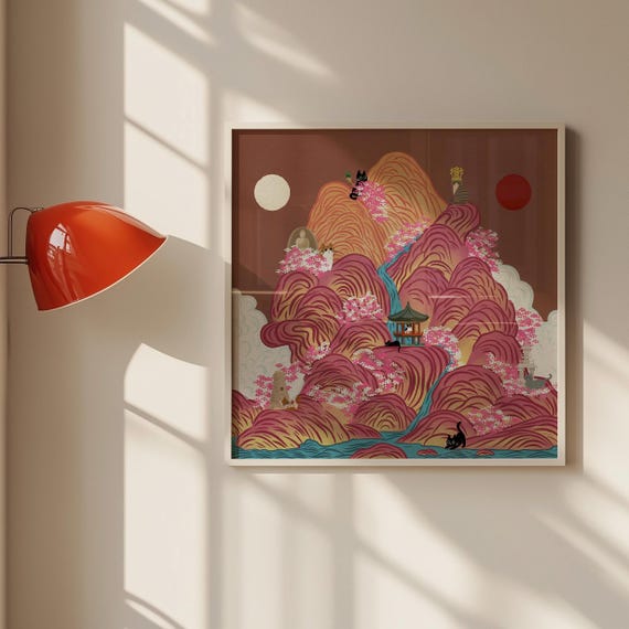 Irworobongdo Cat Art Print, Korean Traditional Sun and Moon Wall Art, Hand-drawn Heritage Landscape, Pink Mountain Poster, Free Shipping