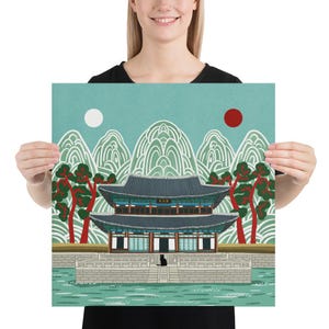 Korean Palace Art Print, Traditional Irworobongdo Style Illustration, Gyeongbokgung Poster, Modern Folk Art, Hand Drawn Wall Decor, Unframed, Free Shipping