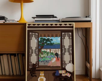 Aspettando la primavera, stampa artistica coreana Hanok, illustrazione di ragazza e gatti, arredamento tradizionale orientale per la casa, poster di arte popolare disegnato a mano, spedizione gratuita